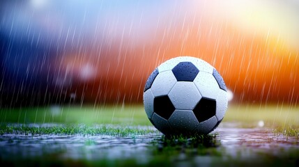 Naklejka premium Rainy Day Soccer Ball Wet Field Game Delayed Sports Photography