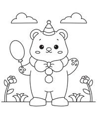 coloring book bear cub in clown attire, balloon in hand. Fun line art for coloring, featuring a whimsical scene with clouds