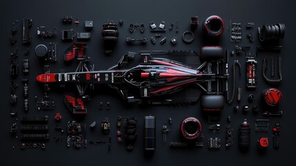 Dark background with separate parts of a Formula 1 car displayed, highlighting the complex and high-tech nature of racing vehicles
