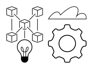 Obraz premium Blockchain network connects cubes, cloud signifies storage, light bulb sparks ideas, gear suggests process. Ideal for technology, innovation, cloud computing, blockchain, engineering development