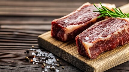 Juicy Marbled Steaks  Salt  Rosemary  Wooden Board  Food Photography