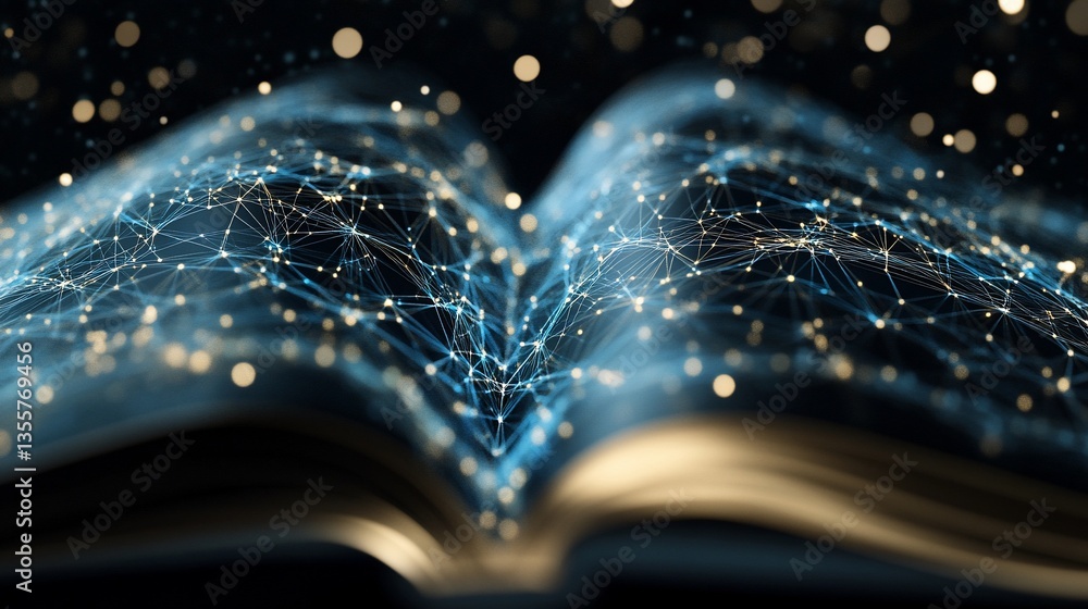 Aufkleber open book with a digital network emerging, symbolizing knowledge and technology innovation