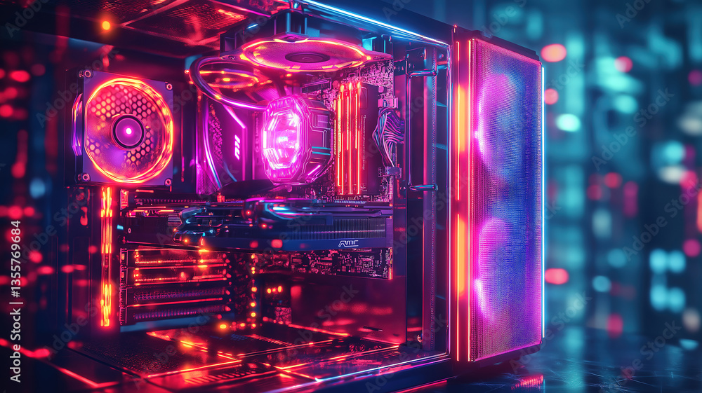 Poster computer build with glowing components highlighting efficiency, innovation, and cutting-edge computi