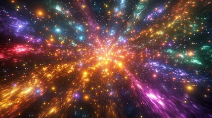 Fototapeta premium Enchanted celestial realm featuring exotic planetary bodies, prismatic space dust forming magical patterns, shimmering meteorites drifting through starfields, radiant cosmic blast waves rippling