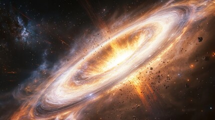 Obraz premium Ethereal galaxy scene with mysterious alien planetscapes, luminous nebula veils dancing through void, glowing space debris caught in stellar winds, majestic cosmic blast sending energy waves across