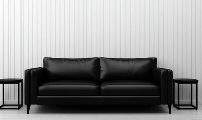 Modern black leather sofa in minimalist white room (1)