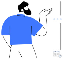 Man in blue shirt gesturing toward presentation space, small clock and calendar icons in corner. Ideal for planning, schedule management, teamwork, presentations, organization, task delegation