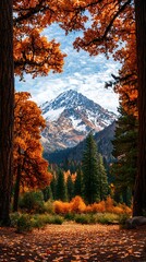 Autumn Mountain View Framed by Trees.