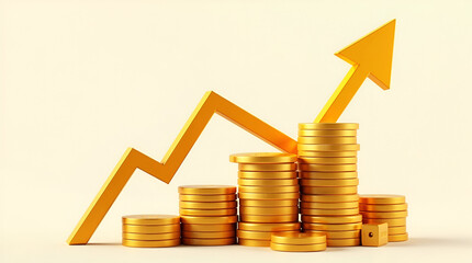 Financial Growth and Success: Stacks of Gold Coins with Upward Trend Arrow