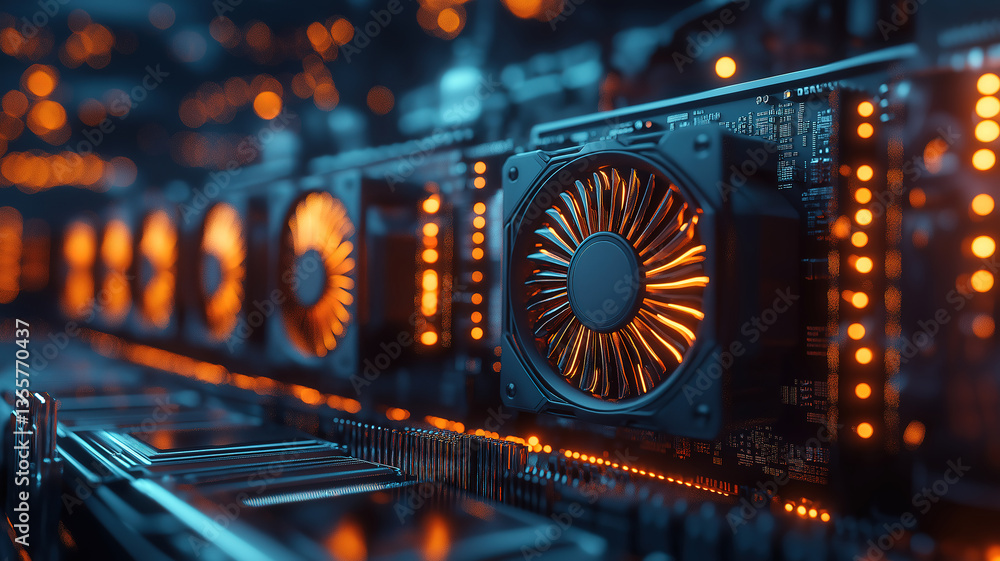 Poster inside a high-performance computer with glowing circuit board and cpu cooling fans design