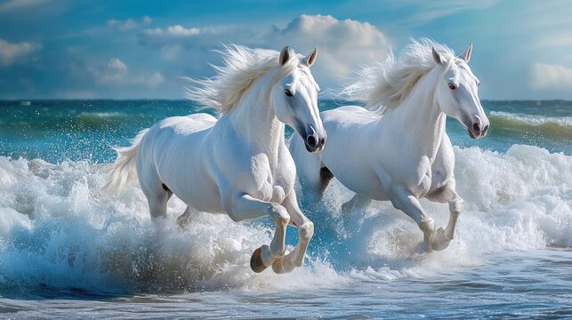 Majestic white horses galloping through crashing ocean waves, creating a dramatic coastal scene, full of energy and beauty against the backdrop of the sea