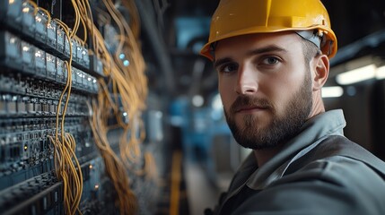 Electrical worker in a helmet stands near server cables