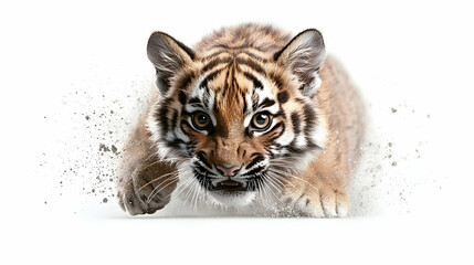 Tiger Cub Leaping Forward on White Background