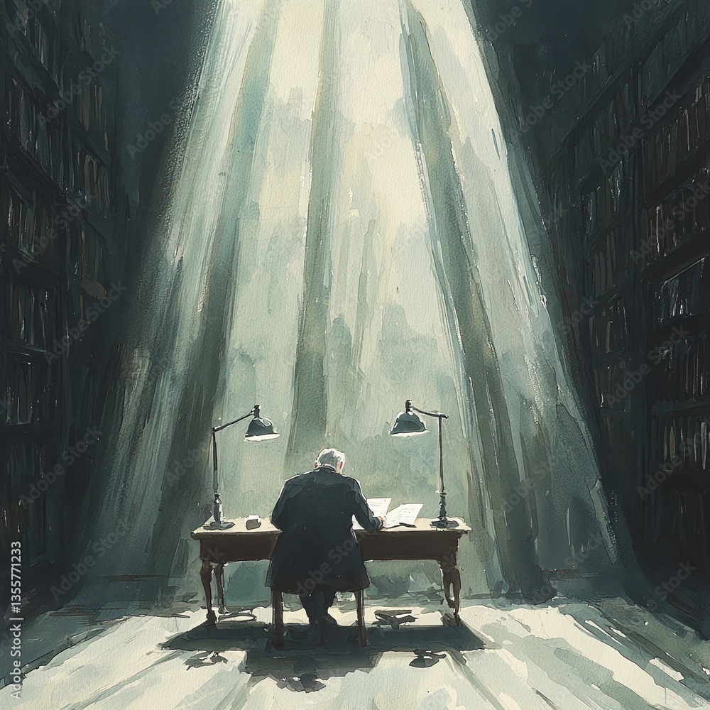 Poster a solitary figure seated at a desk in a library, illuminated by beams of light, creating an atmosphe