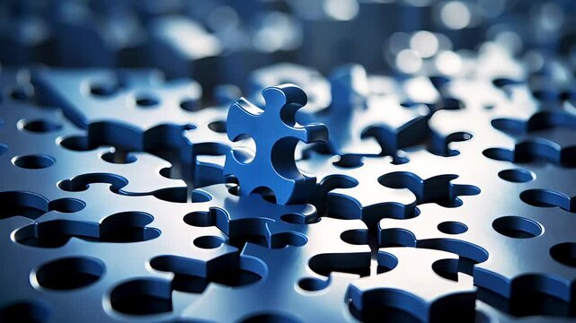 Shiny blue puzzle piece floating above missing space in glossy black puzzle