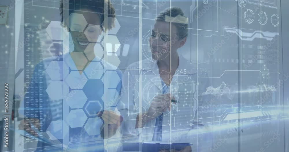 Poster discussing data, healthcare professionals using digital interface with hexagonal animation
