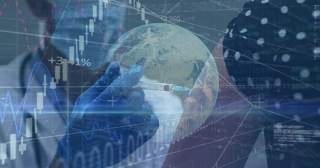 Holding syringe over globe with financial charts, gloved hands creating animation - Powered by Adobe