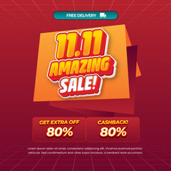 Fototapeta premium 11.11 Amazing Day Sale discount deals mix red gradient Editable text effect grid style Pop up Cashback promo code Promotional banner flyer Template 