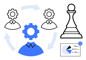 Gear-headed team with arrows, chess pawn, and financial chart imply collaboration, strategy, goal achievement, and resource optimization. Ideal for teamwork, leadership, planning business growth