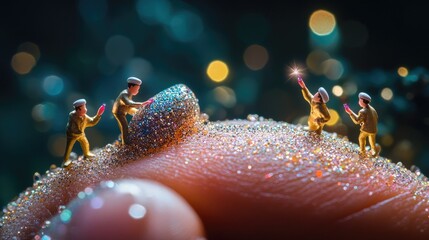 Tiny beauticians working diligently on a giant finger, painting its nails with sparkling glitter polish, capturing a whimsical and imaginative scene
