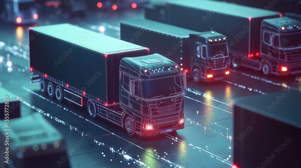 Poster trucks connected on a smart global network, symbolizing modern fleet management and logistics, highl