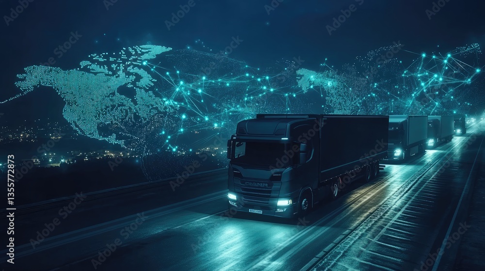 Poster trucks on a digital global network, representing smart logistics and fleet management in a connected