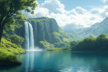 Naklejka premium Waterfall Flowing Into Crystal Clear Lake