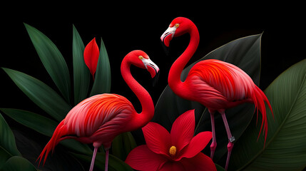 Fototapeta premium Two Red Flamingos Among Lush Tropical Foliage Against a Black Background
