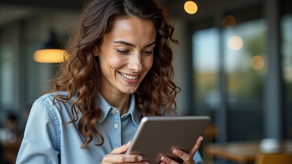 A cheerful woman smiles while using a tablet in a cozy café setting.