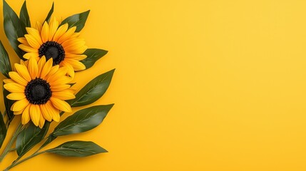 Two Yellow Sunflowers on Yellow Background
