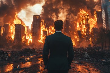 Fototapeta premium A man in a suit views a burning apocalyptic cityscape