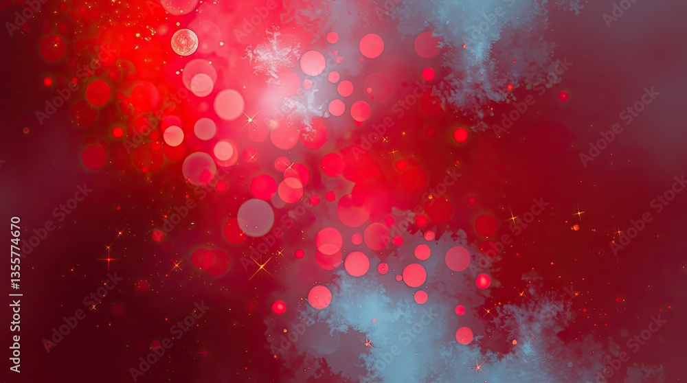 Poster abstract design features bright red and blue colors with luminous circles and sparkles creating a fe