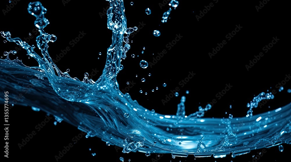 Aufkleber a dynamic water splash forms droplets that catch light and create an artistic effect on a dark backd