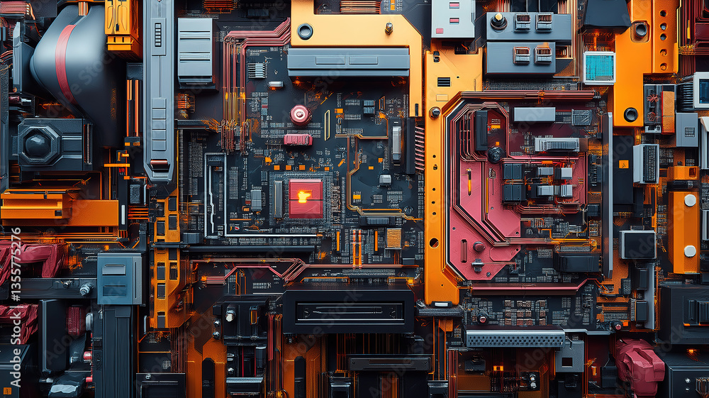 Poster close-up view of intricate computer circuitry showcasing detailed wiring and internal components