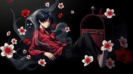 A young character in a red shirt reclines next to a mailbox with a ghostly presence and flowers creating a haunting yet beautiful atmosphere