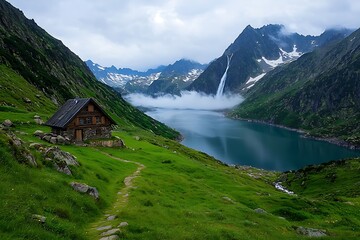Alpine lake cabin with waterfall, and mist.