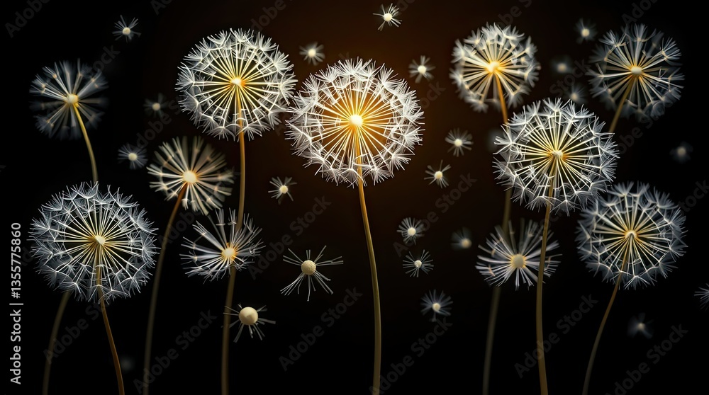 Poster delicate dandelion seeds float gracefully in front of a dark backdrop illuminated to reveal their so