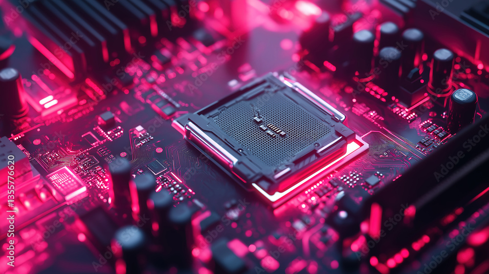 Poster close up of processor chip on motherboard highlighting technology and circuit design