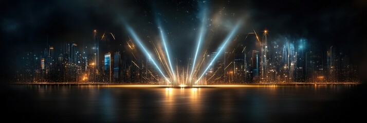 Cityscape Lights Glowing beams rise from cityscape reflecting in water, night background
