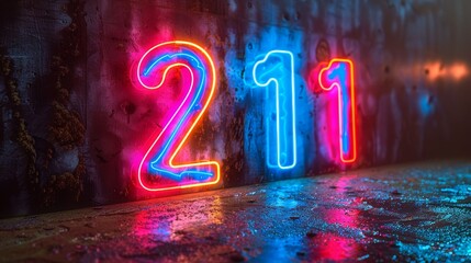 Number Two Hundred And Eleven, 211, Neon Sign On Grunge Concrete Wall With Wet Floor Reflection