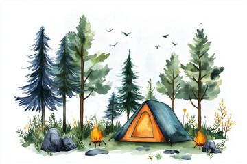 illustration watercolor camping in the forest