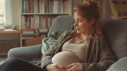 A pregnant woman sits comfortably in her living room