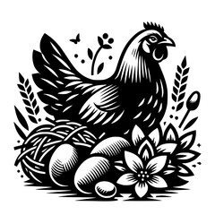 Obraz premium Hen Chicken Eggs Chick Straw Hays Logo Graphic Silhouette Shape Clipart Digital Art Illustration