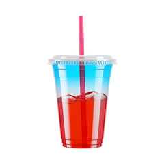 colorful disposable plastic cup with straw, filled with layered drinks and ice, perfect for summer refreshment, isolated on transparent background