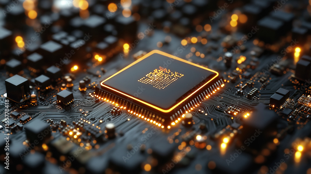 Poster closeup view of cpu chip on motherboard with intricate gold circuit connections and technology detai