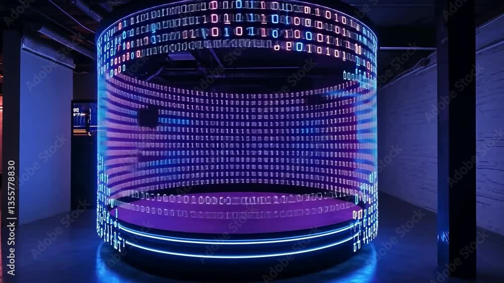 Poster digital sanctuary: a futuristic digital display showcases streams of binary code, highlighting the m
