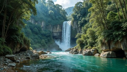 Fototapeta premium Stunning waterfall in a lush green forest, tranquil and inviting, cascading into a clear river 
