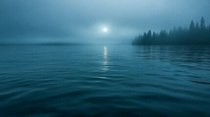 Obraz premium Misty lake with serene atmosphere and distant trees
