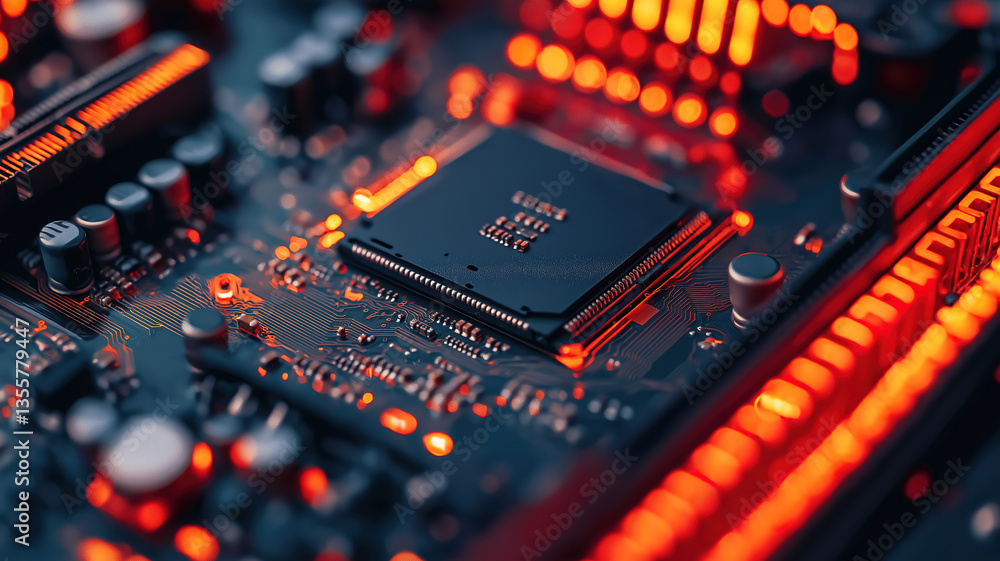 Poster close-up view of a computer motherboard highlighting its internal components and intricate design