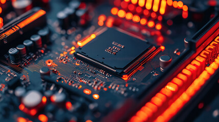 Obraz premium Close-up view of a computer motherboard highlighting its internal components and intricate design